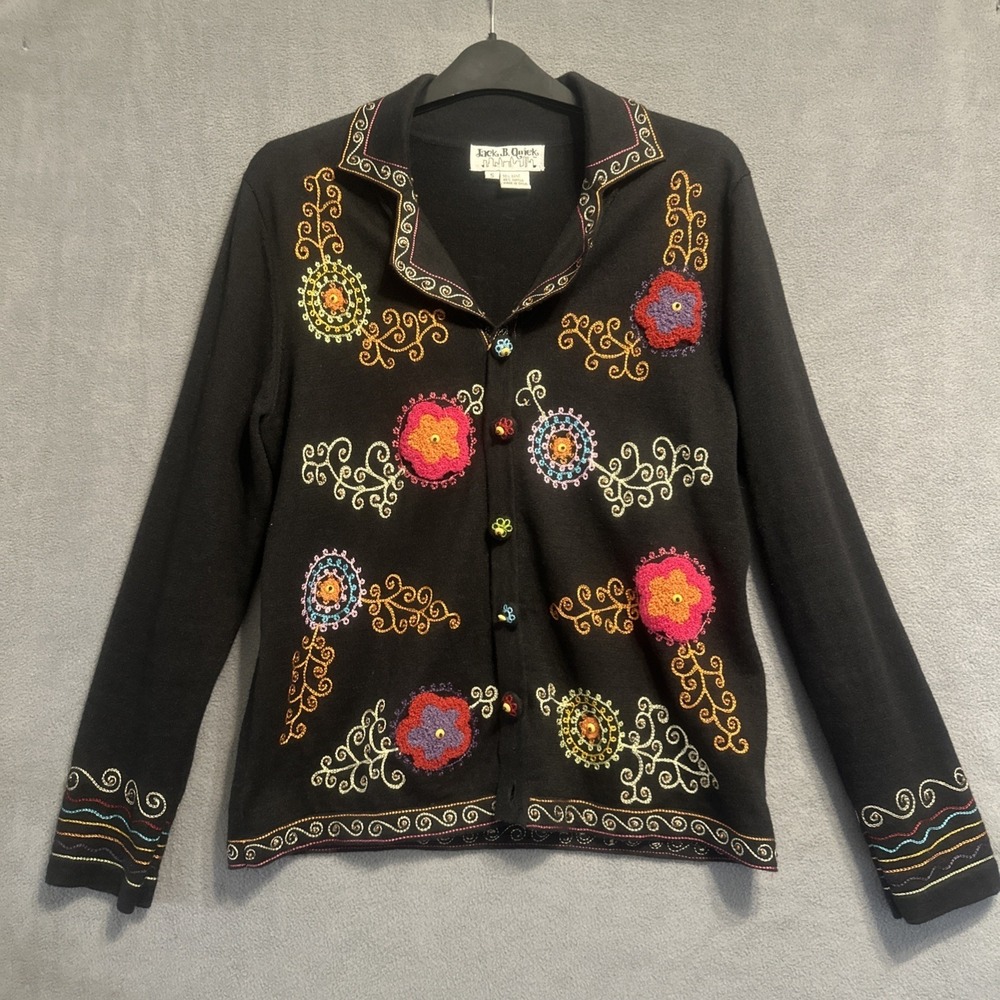 Jack B. Quick Embroidered Floral Cardigan Size S Black Craftcore Art to Wear